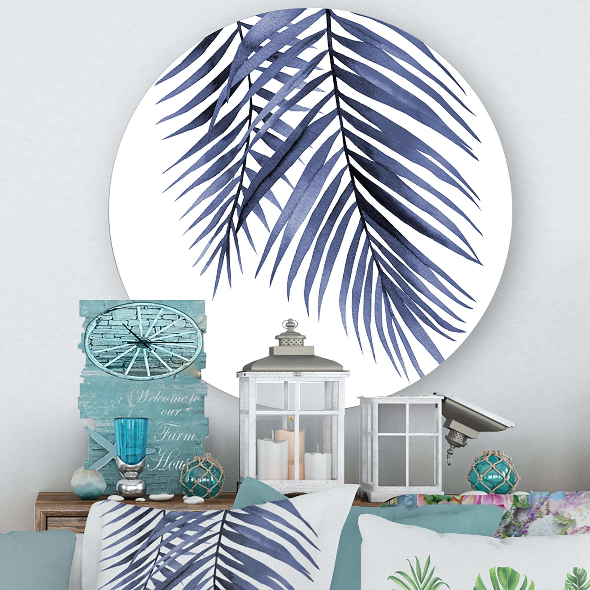 Designart 'Abstract Blue Palm Leaves Tropical Branches' Traditional Circle Metal Wall Art 23x23 - Disc of 23
