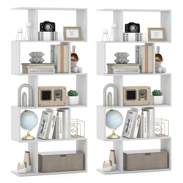 Patiojoy 2pcs 5-Tier Geometric Bookshelf Wooden Decorative Display Shelf w/Large Capacity Freestanding S-shaped Bookcase White