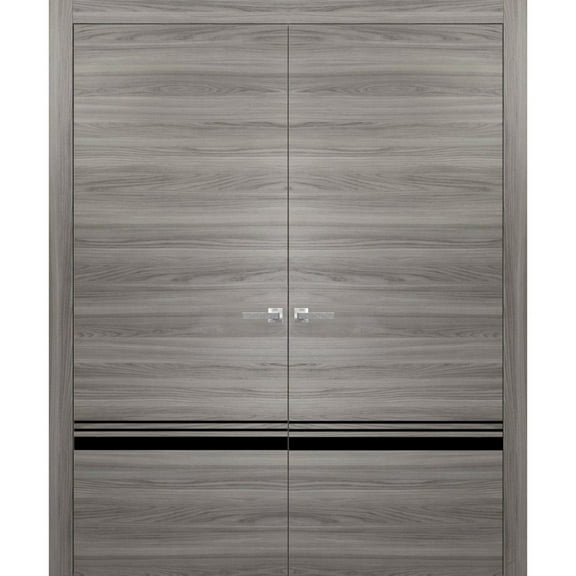 Solid French Double Doors 36 x 80 inches | Planum 0012 Grey Matte with Frosted Glass | Wood Solid Panel Frame Trims | Closet Bedroom Sturdy Doors