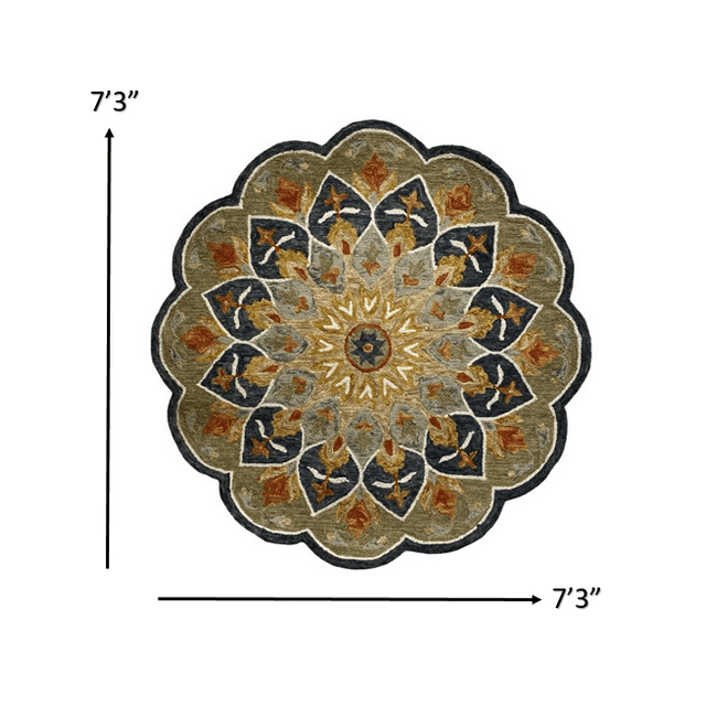 homeroots home decor 396083 7’ Round Charcoal Scalloped Edge Area Rug