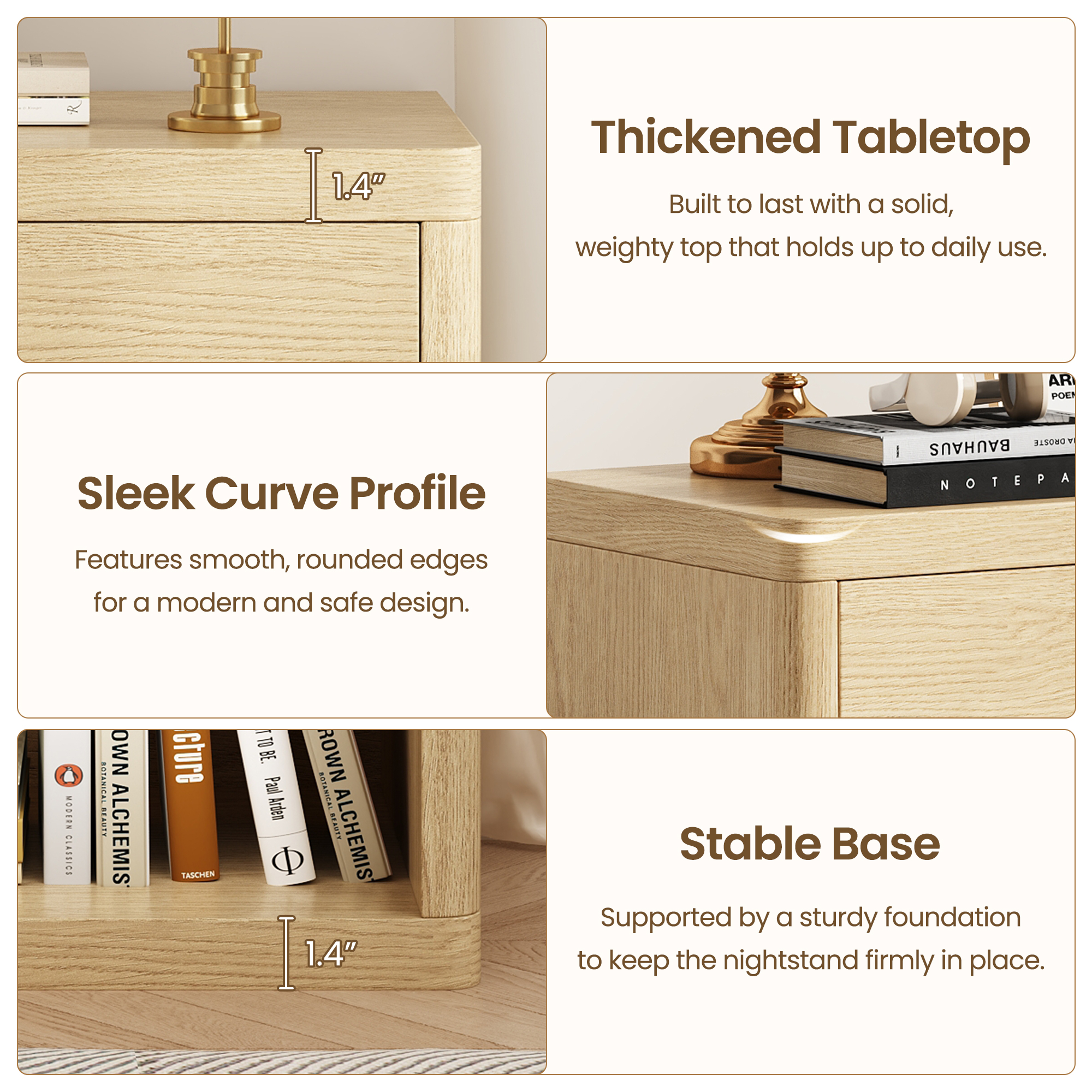 Set of 2 Wood Nightstands with USB Charging Station, 24" Bedside Tables with Safe Rounded Corners & Crescent Handles - Sturdy End Tables for Bedroom, Living Room, Nursery (Wood, 2-Piece Set)