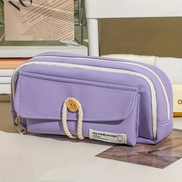 Button Cotton Rope Cute Pencil Case Large Opening And Large Capacity Canvas Stationery Bag Student Learning Supplies Storage Bag Pencil Case Female DIY Cosmetic Bag Convenient Travel Handbag
