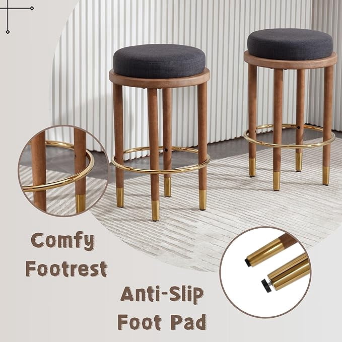 Guyou 26" Backless Counter Height Bar Stool Set of 2, Modern Round Linen Upholstered Stools, Farmhouse Wooden Kitchen Island Chairs for Restaurant Kitchen Bistro, Charcoal