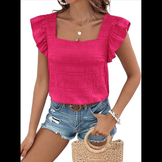 Top de Mujer con Cuello Cuadrado y Volantes, Corta, Color Rojo Rosa, Talla XL