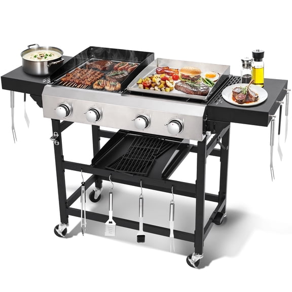 Propane Gas Grill and Griddle Combo with 40,000 BTUs, 4-Burner Stainless Steel Griddle & Cast Iron Grill Combo for Outdoor Cooking While Camping or Tailgating
