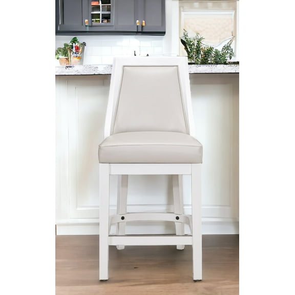 26" Gray And White Faux Leather And Solid Wood Counter Height Swivel Bar Chair
