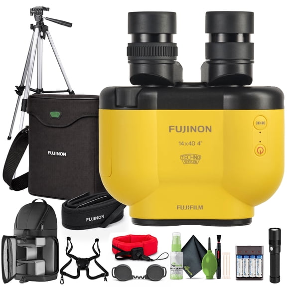 Fujinon TS-X 14x40 Image Stabilized Binoculars with ±6° IS, 14x Magnification, Compact Reverse Porro Design (Yellow) Bundle With Tripod   Flashlight   Harness   More