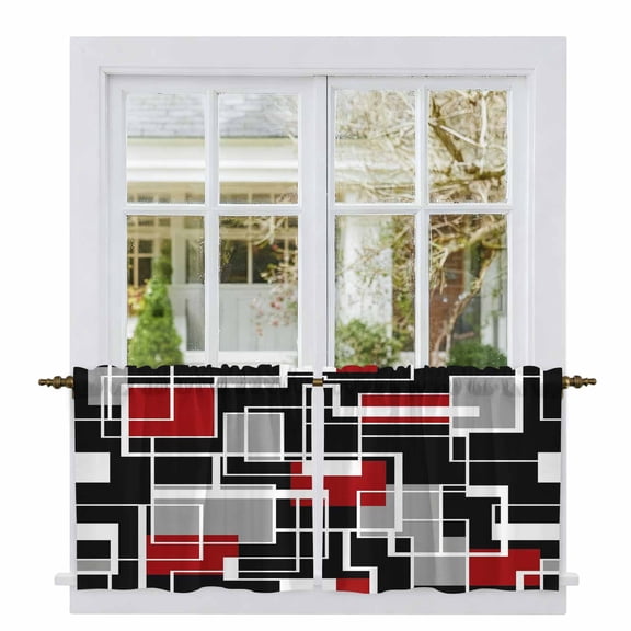 Red Black Geometric Tier Curtains 24 Inch Length, Modern Color Block Abstract Cafe Short Curtains for Bathroom Over Sink, Small Kitchen Curtain Light Filtering Tiered Drapes 2 Panels 27.5"Wx24"L