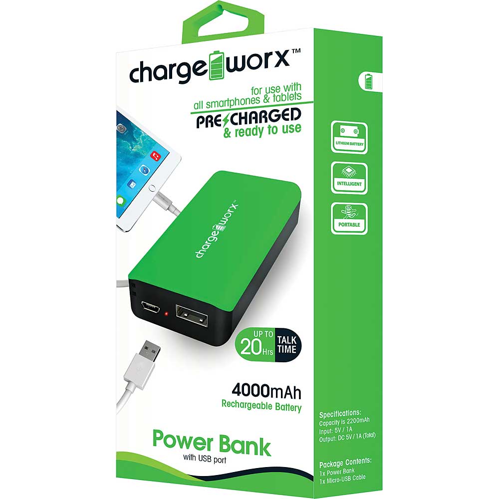 Chargeworx CX6542GN 4000mAh Premium Power Bank, Green