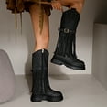 thumbnail image 6 of Chunky Lug Sole Riding Boots for Women Round Toe Tassel Studded Mid Calf Buckle Strappy Zipper Booties, 6 of 9