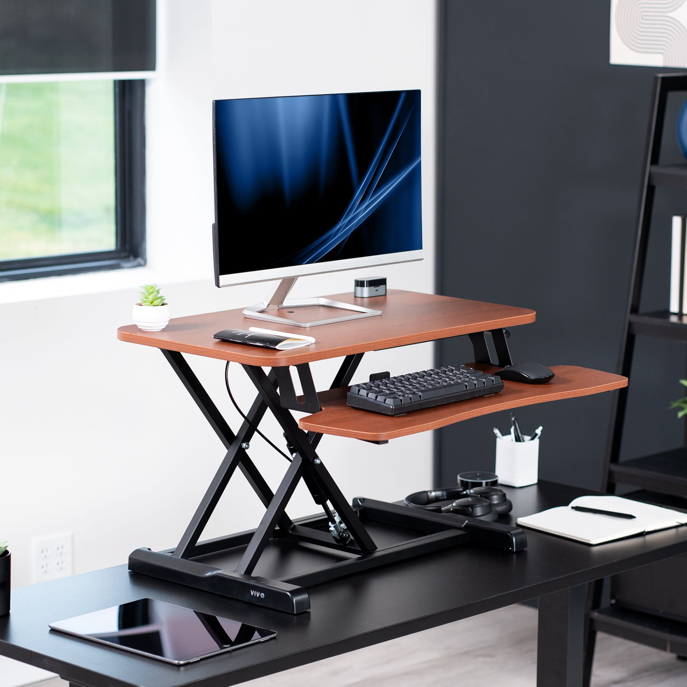 VIVO Dark Walnut Height Adjustable 28" Standing Desk Monitor Riser, Black Frame