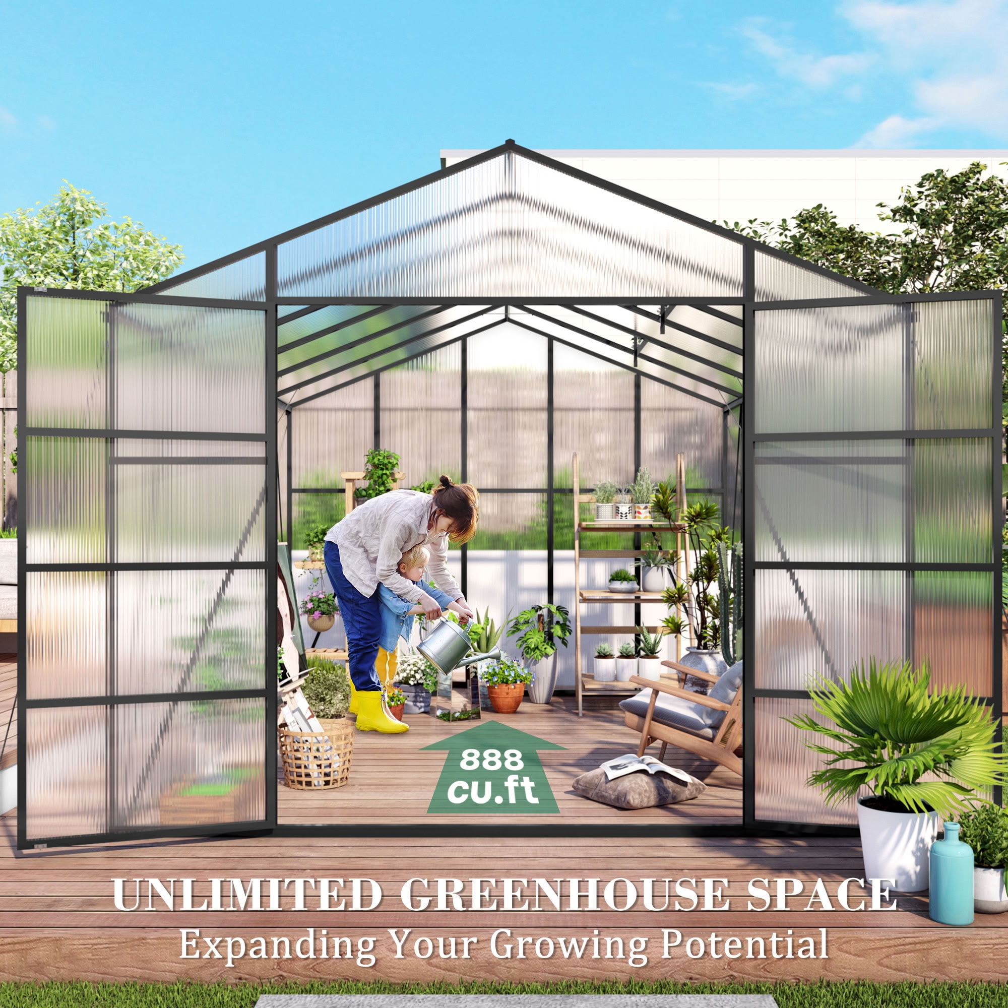 MAYEERTY 10x12 FT Walk-in Greenhouse with Raised Base & Anchors, All-Season Windproof Greenhouse with Drainage System for Backyard, Garden & Patio