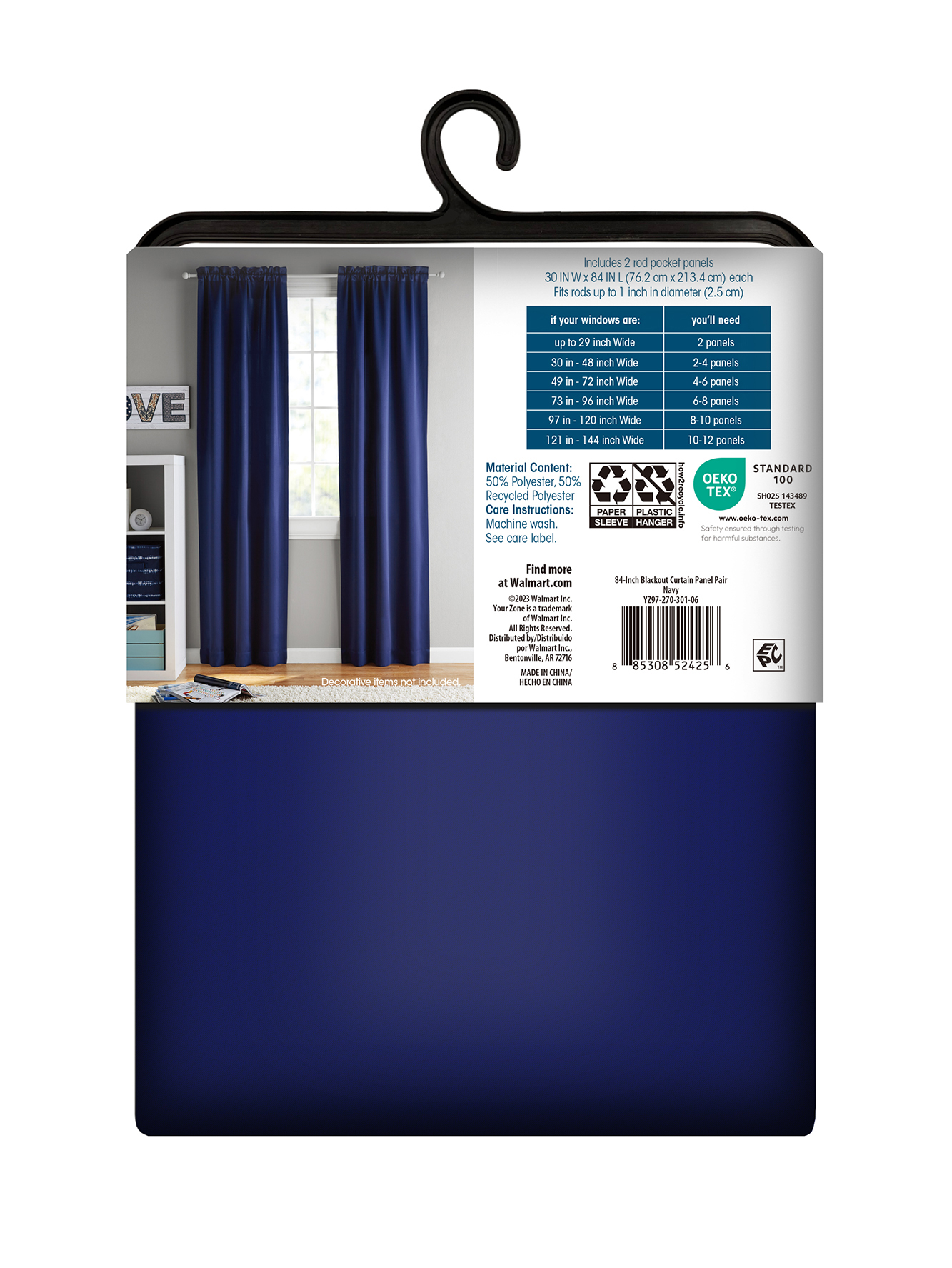 Your Zone Solid Blackout Rod Pocket Curtain Panel Pair, Navy, 30" W x 84" L