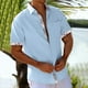 thumbnail image 3 of Camisas De Lino Para Hombre Camisa de vacaciones en la playa Camisa de cárdigan de manga corta Camisa de solapa en contraste con botones en los puños para hombre (Blue, XXL), 3 of 4