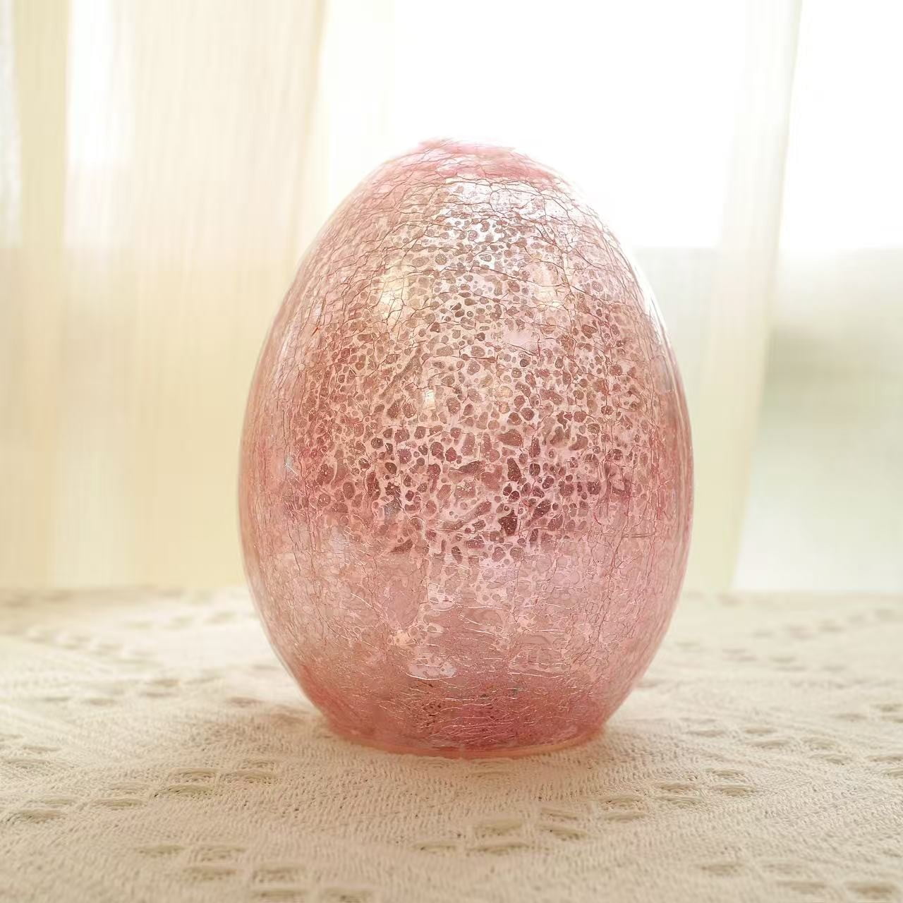 6 Inch LED Lighted Easter Egg Decor, Crackle Glass Illuminated Egg with Warm White Fairy Lights, Battery Operated Spring Table Centerpiece Pink