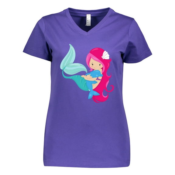 Inktastic Mermaid And Dolphin, Mermaid With Pink Hair Women's V-Neck T-Shirt
