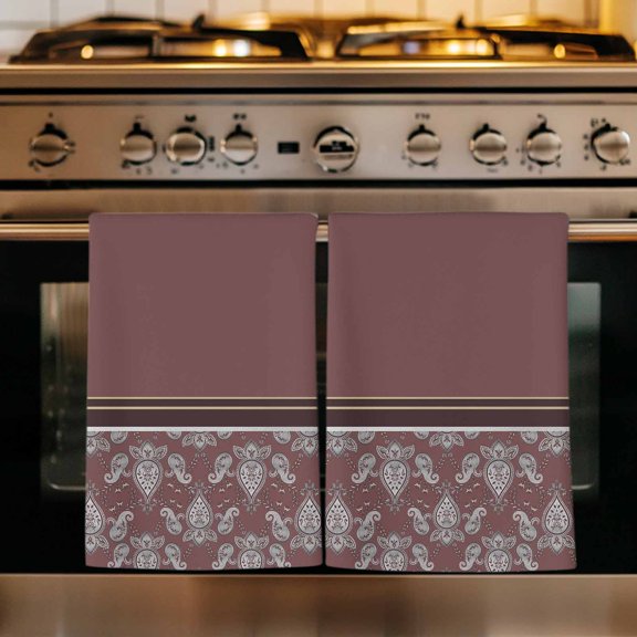 Boho Red Brown Flower Kitchen Towels Set of 2, Abstract Bohemia Pesley Floral Absorbent Dish Towels for Kitchen, Microfiber Hand Towel, Quick Drying Tea Towel for Cleaning Decorative Dishcloths