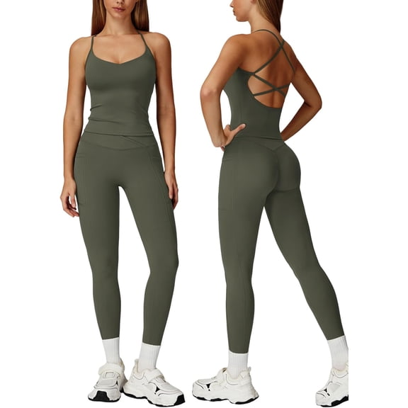 PISONIC Womens Workout Sets Two Piece Cross Back Tank Top Matching High Waist Leggings Sets Gym Outfits Work Out Clothes