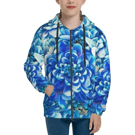 

Hoodies for Women Vibrant Blue Floral Long Sleeve Sweatshirt Drawstring Zip Up Hoodie with Pockets Teen Girl Clothes