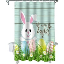Easter Shower Curtain Bunny Wood Grain Shower Curtains for Bathroom Decor Easter Eggs Flower Grass Bath Curtains Sets for Spring Easter Bathroom Decor Fabric Waterproof Standard 72" X 72"