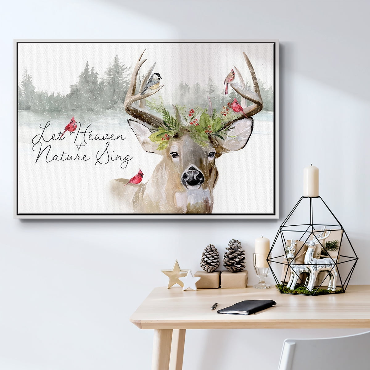 Holiday Deer Collection A - Framed Gallery Wrapped Holiday Canvas - 17 x 25 - White Frame