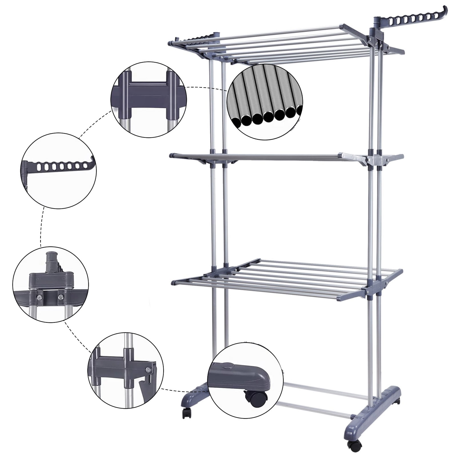 Homemart Clothes Drying Rack, 4-Tier Foldable Laundry Drying Rack, Stainless Steel Garment Clothes Dryer Indoor or Outdoor Standing Clothing Rack with Wheels