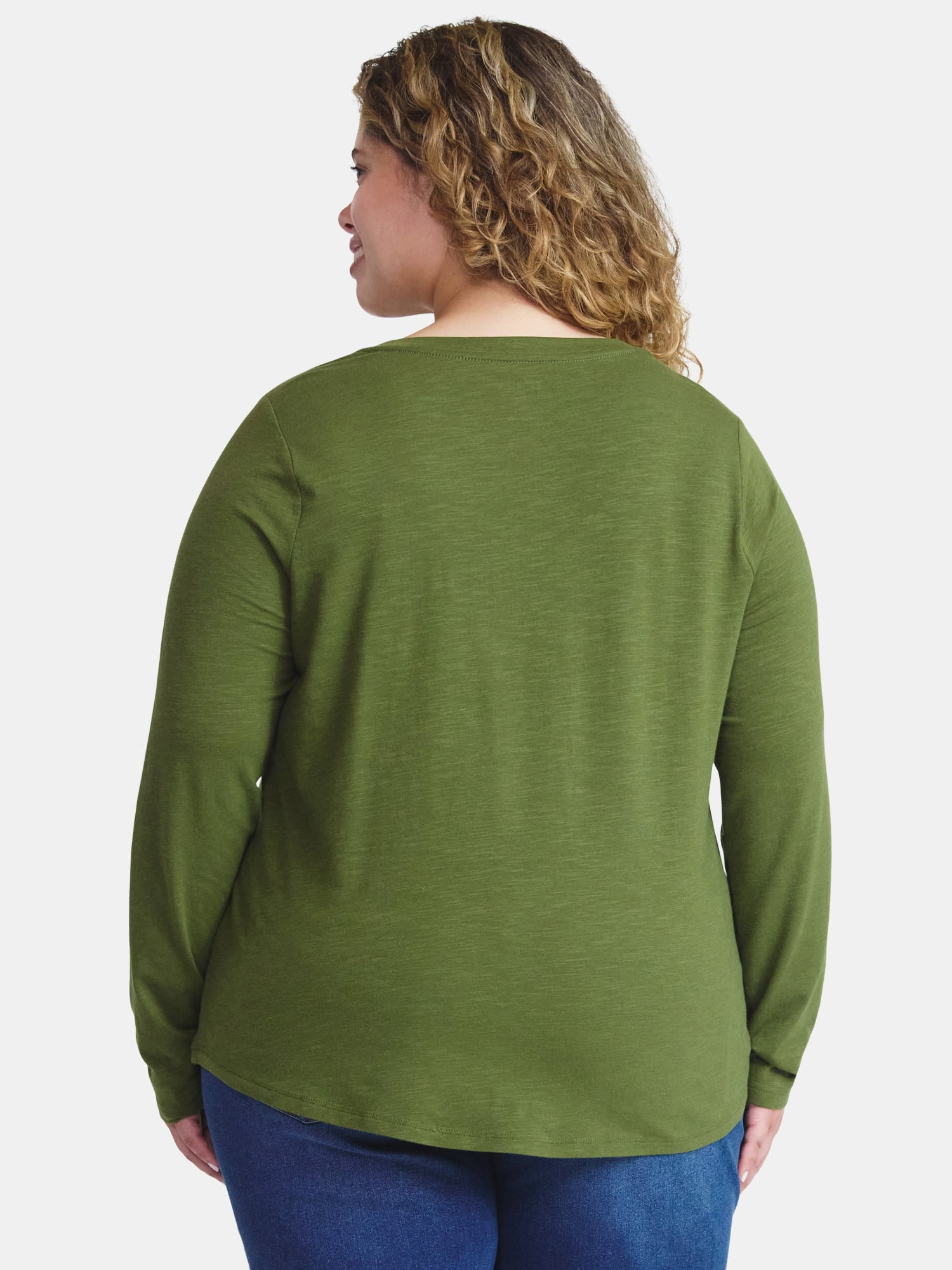Terra & Sky Women's Plus Size V-Neck Tee with Long Sleeves, Sizes 0X-5X
