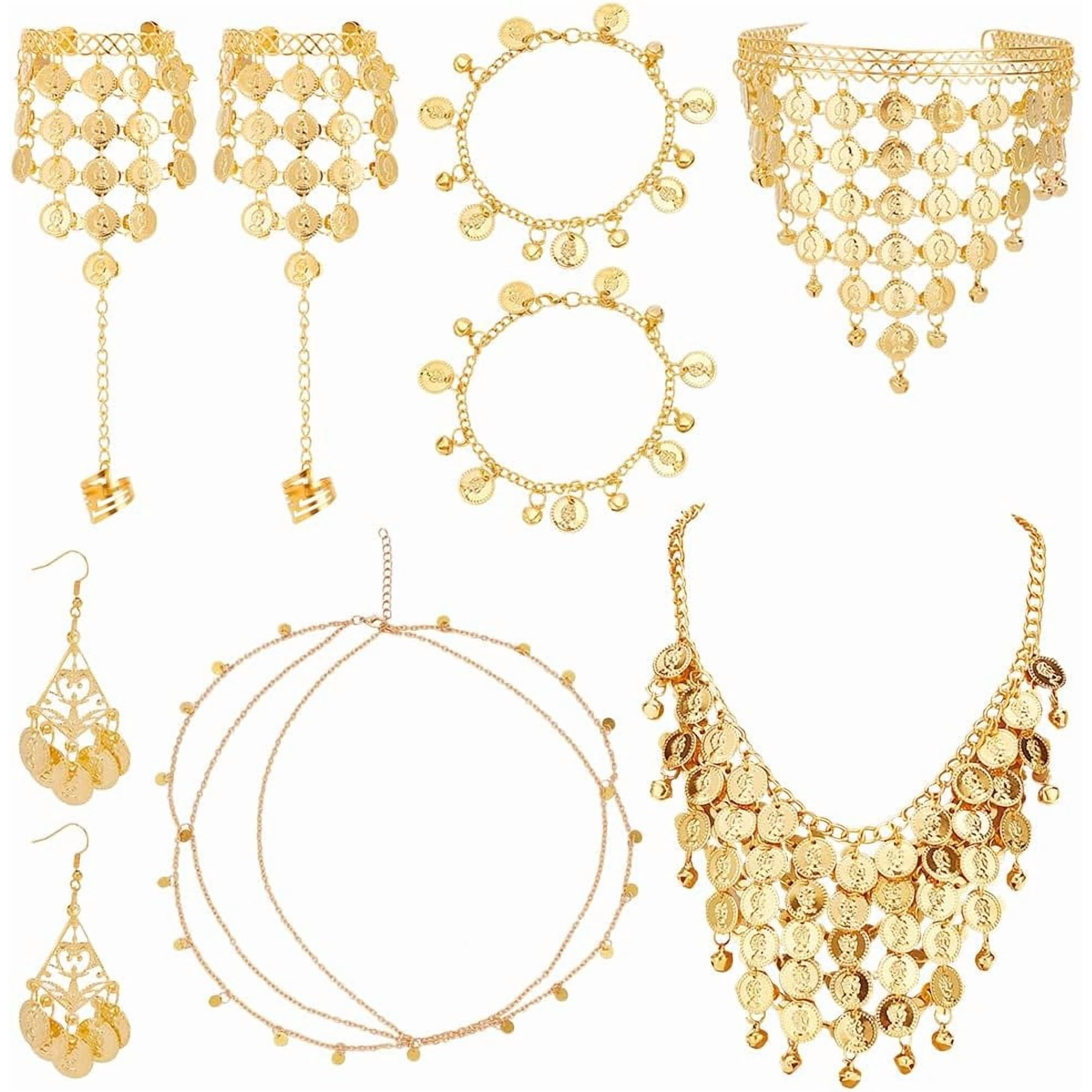 1Box Alloy Flat Round Charms Cluster Bib Necklace Ring Bracelet Dangle Earrings Headwears Anklets Bell Coin Charms Jewelry Set Golden 20.47 inch