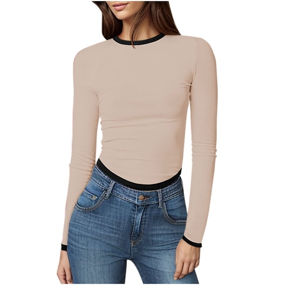 Fashion Shirts Tops for Womens Plus Size Solid Color Long Sleeved Round Neck Slim Contrasting Short Pullover