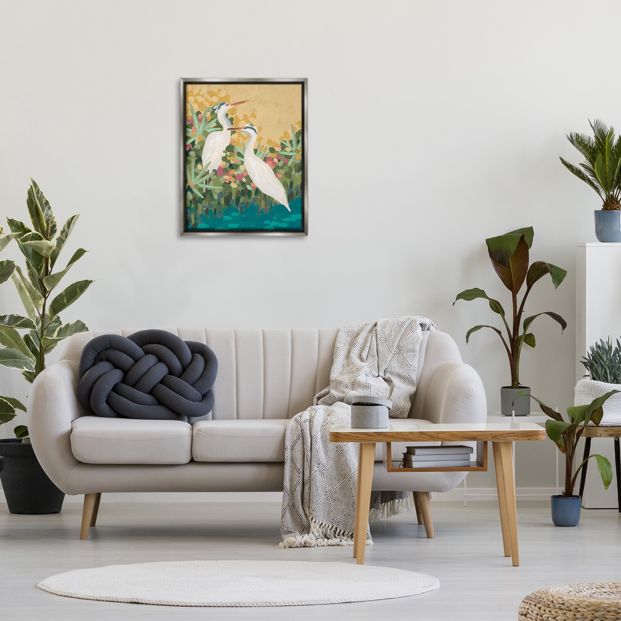 Stupell Industries Modern Birds at Pond's Edge Animals & Insects Painting Gray Floater Framed Canvas Art Print Wall Art, 25 x 31