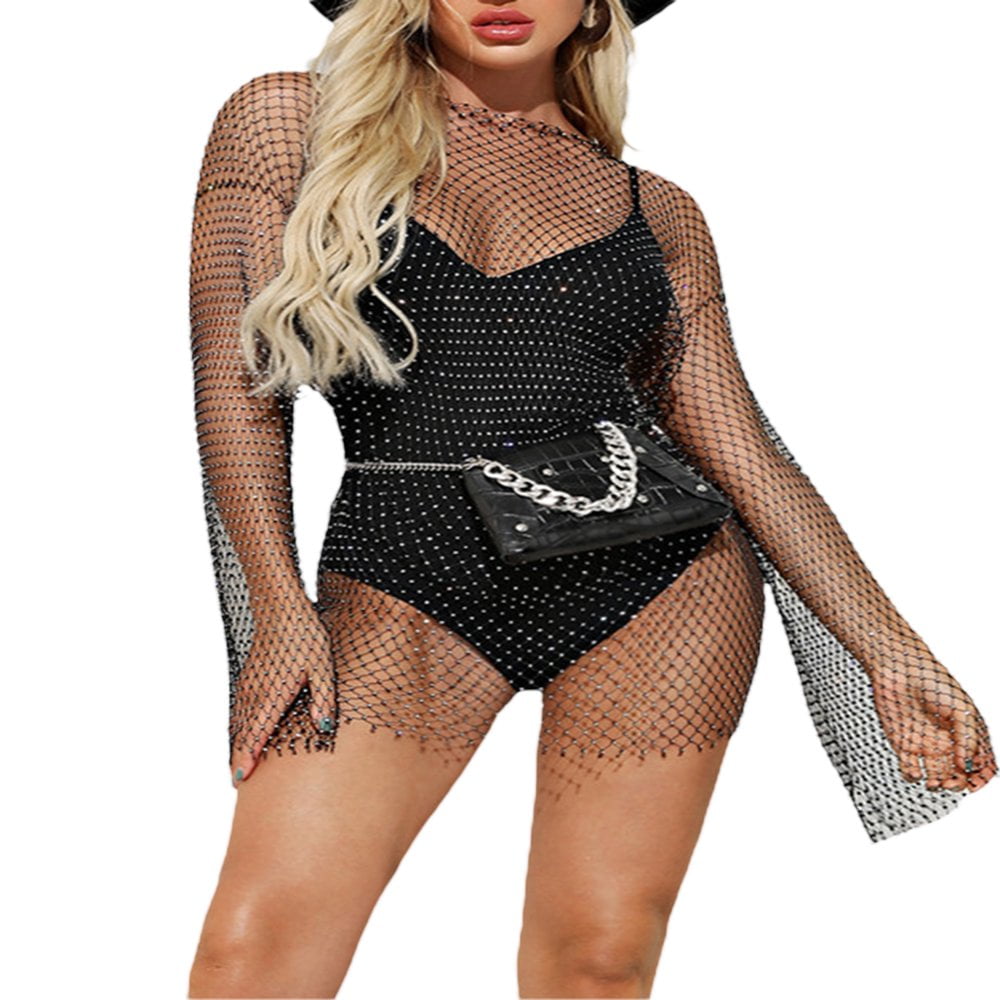 Women's See Through Glitter Dress Sheer Rhinestone Fishnet Bikini Swim  Beach Cover Up - Walmart.ca