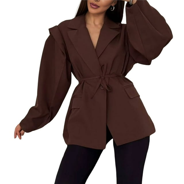 Chaqueta de Traje de Mujer de Larga con Solapa, Estilo -Otoño, con Cinturón en la Cintura y Hombreras. Marrón M