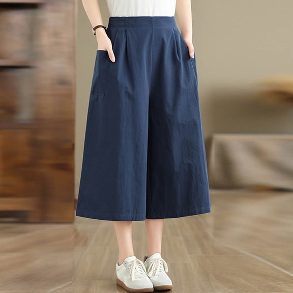 Trikvn Culottes For Women High Waisted Casual Flowy Cropped Loose Fit Pants With Pockets Lightweight Relaxed Fit Summer Beach Everyday Capris
