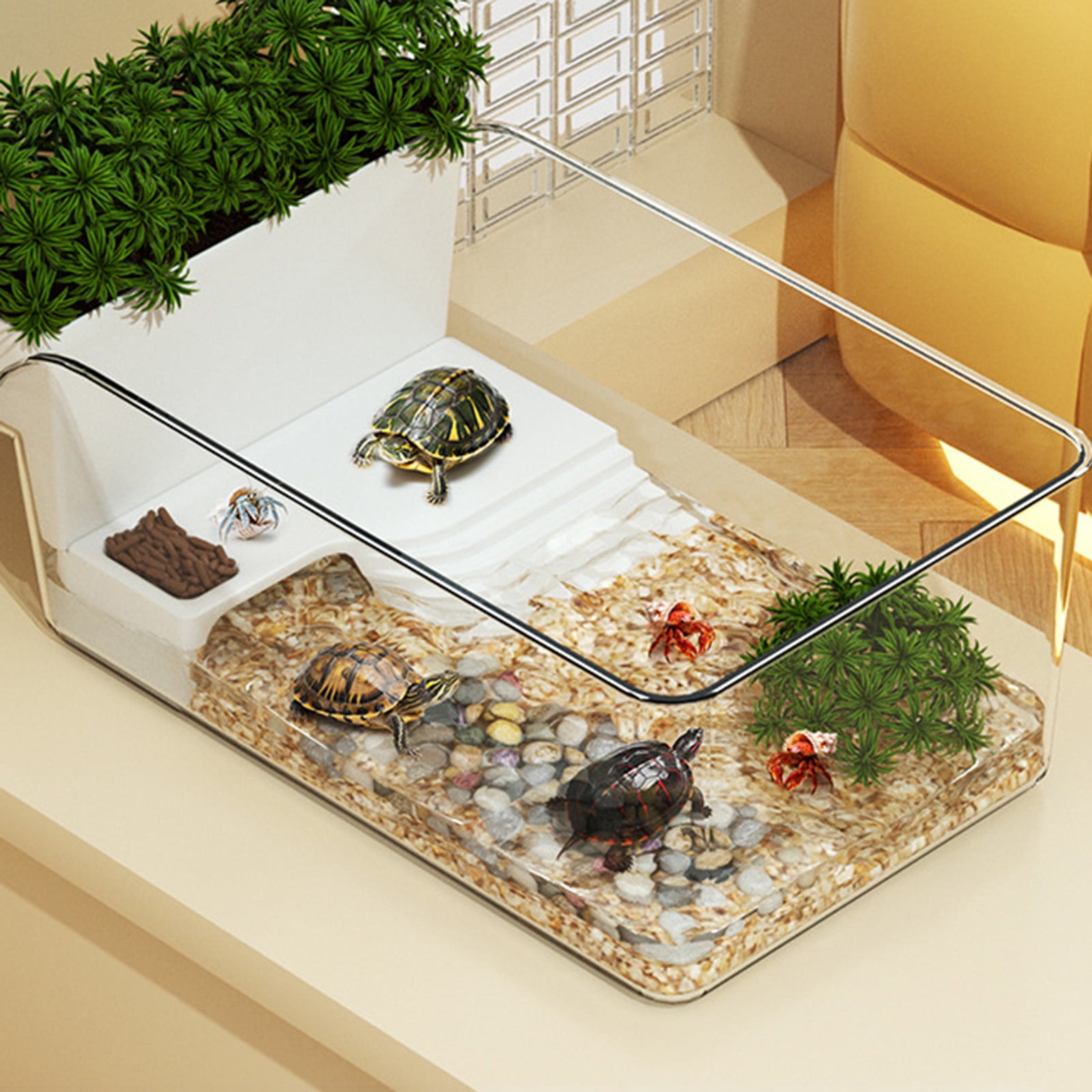 Semiaquatic Turtle Habitat Tank with Basking Platform and Vase Indoor Terrarium for Small and Amphibians