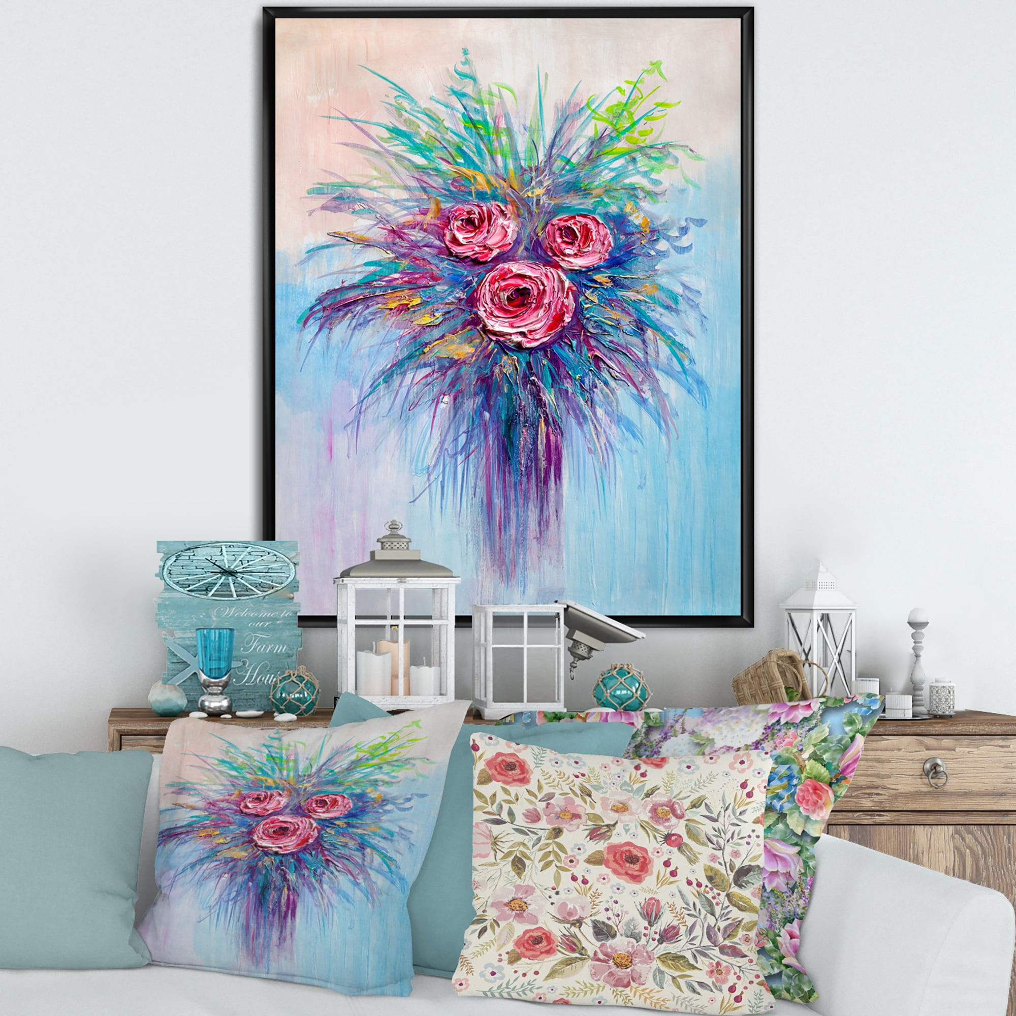 Designart 'Bouquet Of Red Roses In A Vase On Blue' Traditional Framed Canvas Wall Art Print