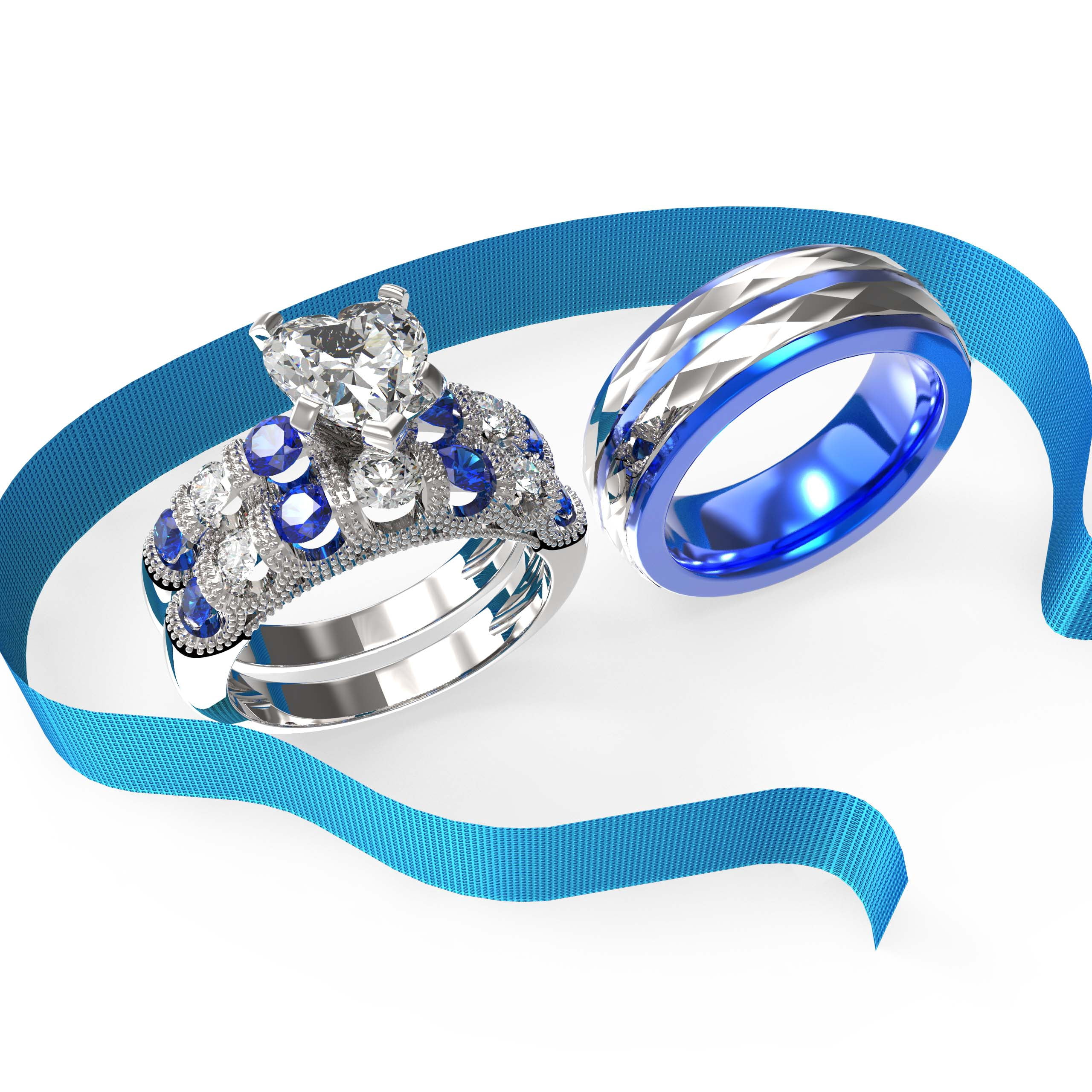 3pc Couples Wedding Ring Sets His And Hers Women Sterling Silver Blue Moissanite and men Wedding Bands Together With Ring Gift Jewelry Box
