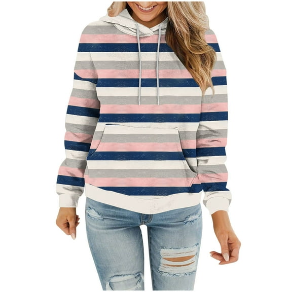 HAiming Oversized Hooded Sweatshirt for Womens Stripes Casual Long Sleeves Fashion Tops Drawstring Pullover Hoodies