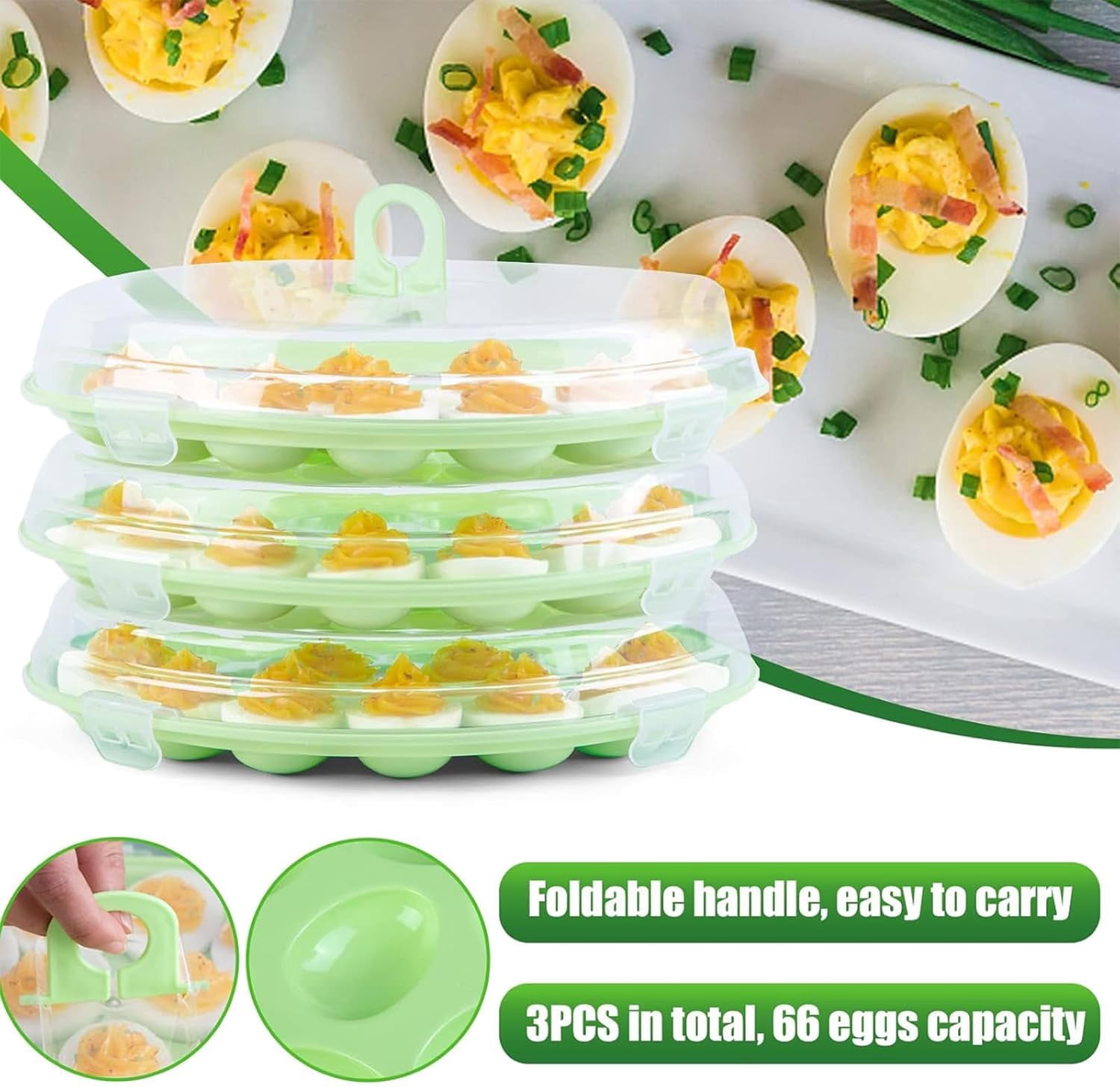 3-piece set with lid devil egg dish and tray -66 egg troughs, suitable for parties and home kitchens
