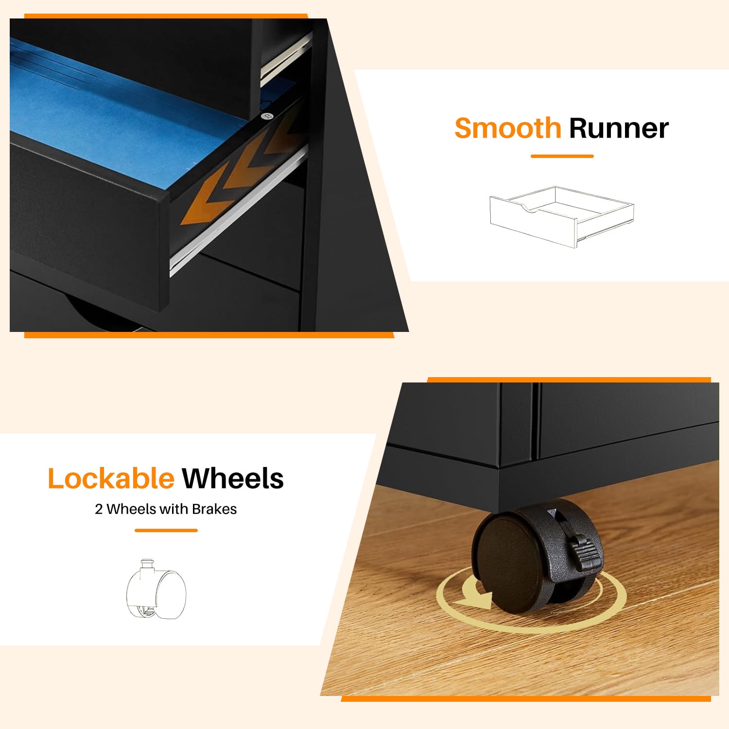 Simenmax 5 Drawer Chest Mobile Storage Cabinets Wooden Dresser with Wheels Room Organization Furniture for Office, Black