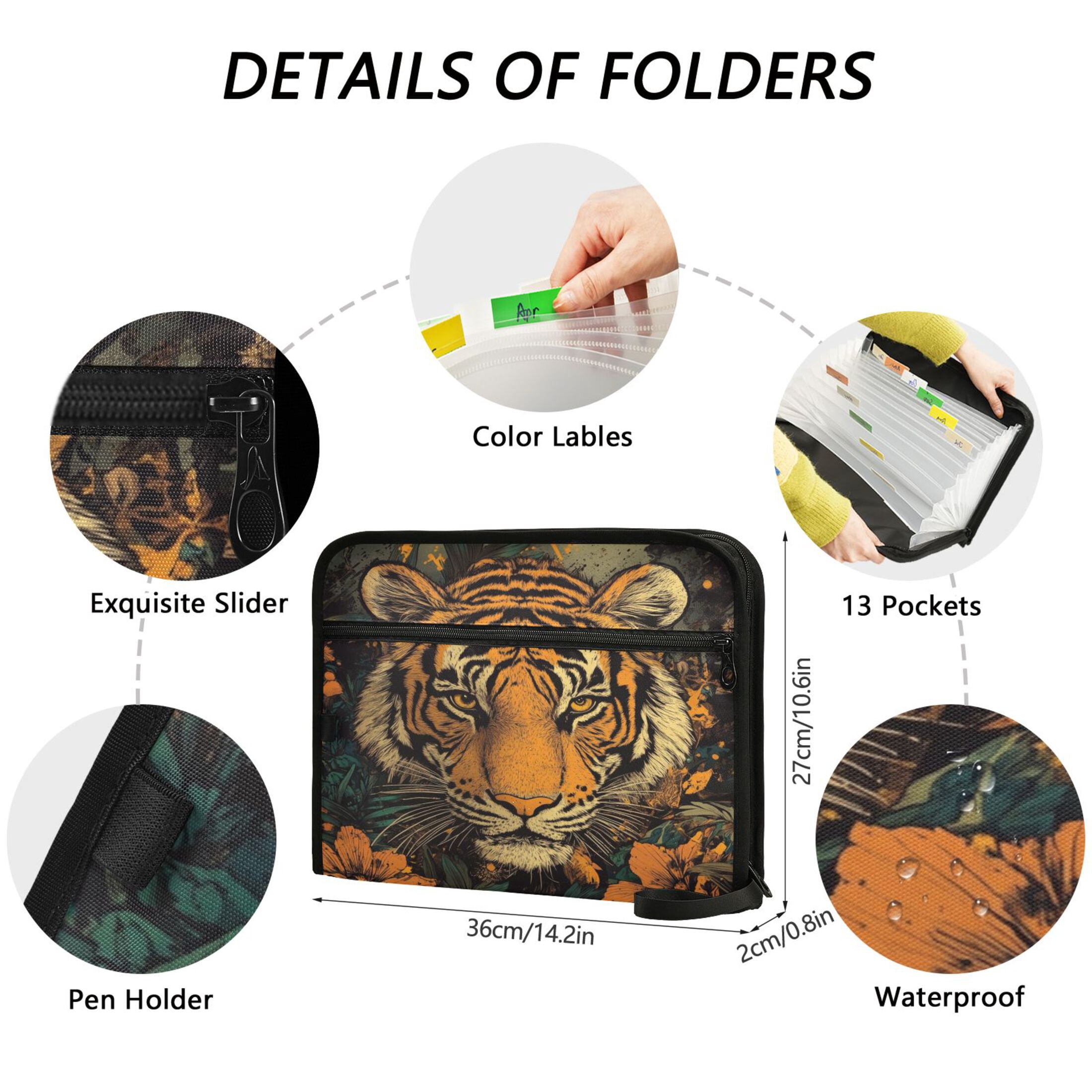 WOBOGO Wildflower Tiger Pattern Expanding File Folder Letter Size Accordion Filing Organizer 13 Pocket Separate Organ Pocket