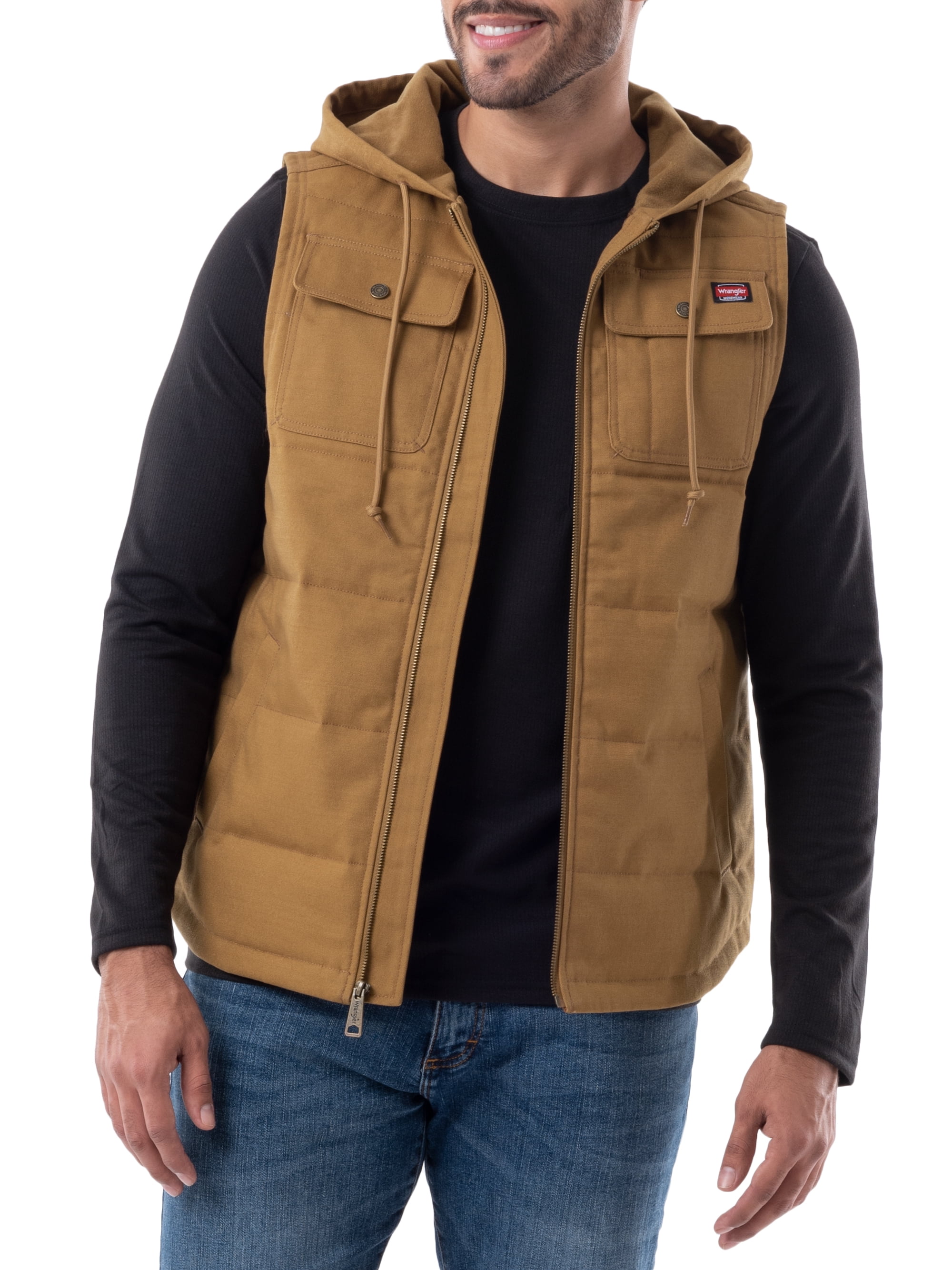 Arriba 61+ imagen wrangler workwear men’s quilted lined duck vest with hood