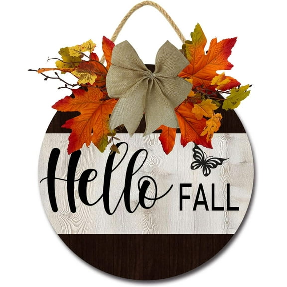 Eveokoki 12" Hello Fall Funny Signs Home for Front Door Farmhouse Porch Rustic Round Wooden Hanging Wreaths for Housewarming Gift Halloween Festival Decoration Outdoor Indoor Wall Decor