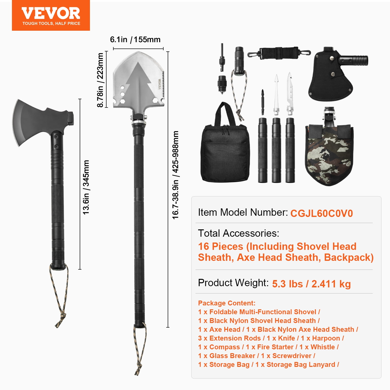 VEVOR Survival Shovel Survival Axe, 16-in-1 Camping Folding Shovels with Hatchet, Stainless Steel Tactical Shovel Hatchet Combo, Multifunctional Emergency Survival Gear Equipment for Camping Hiking
