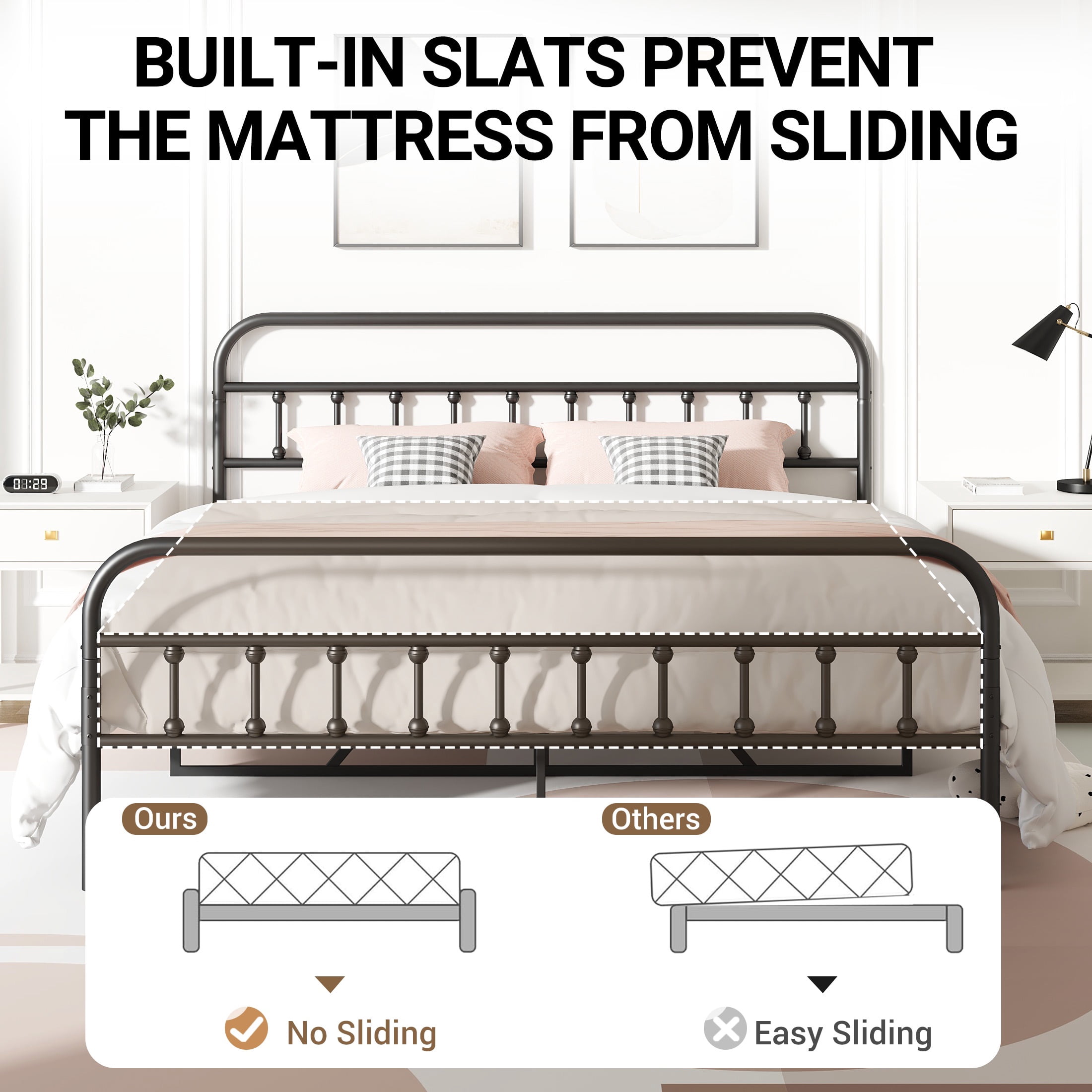 King Bed Frame with Headboard and Footboard, UHOMEPRO Metal Bed Frame with Vintage Victorian Style, Easy Assembly & No Box Spring Needed, Black