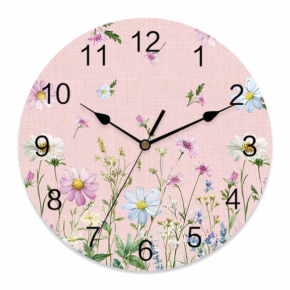Wall Clock Wildflowers Clocks PVC Silent Non-Ticking Battery Operated Decorative Floral Herbs Fields Pink Round Clock for Home Living Room Kitchen Bedroom Office School Wall Decor 14 Inch