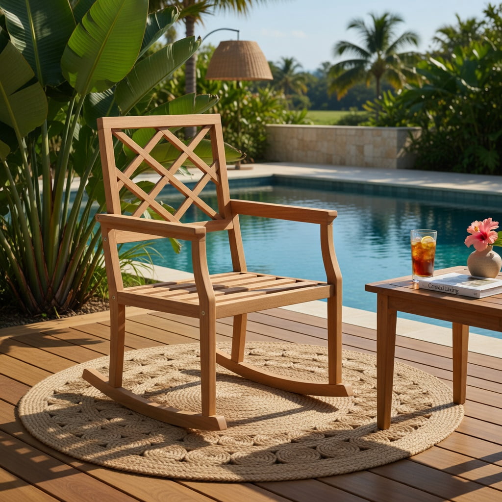 Hommoo Oversized Teak Wood Rocking Chair for Outdoor Patio, Sturdy Indonesian Teak Porch Rocker with Ergonomic Backrest & Slatted Seat, Brown