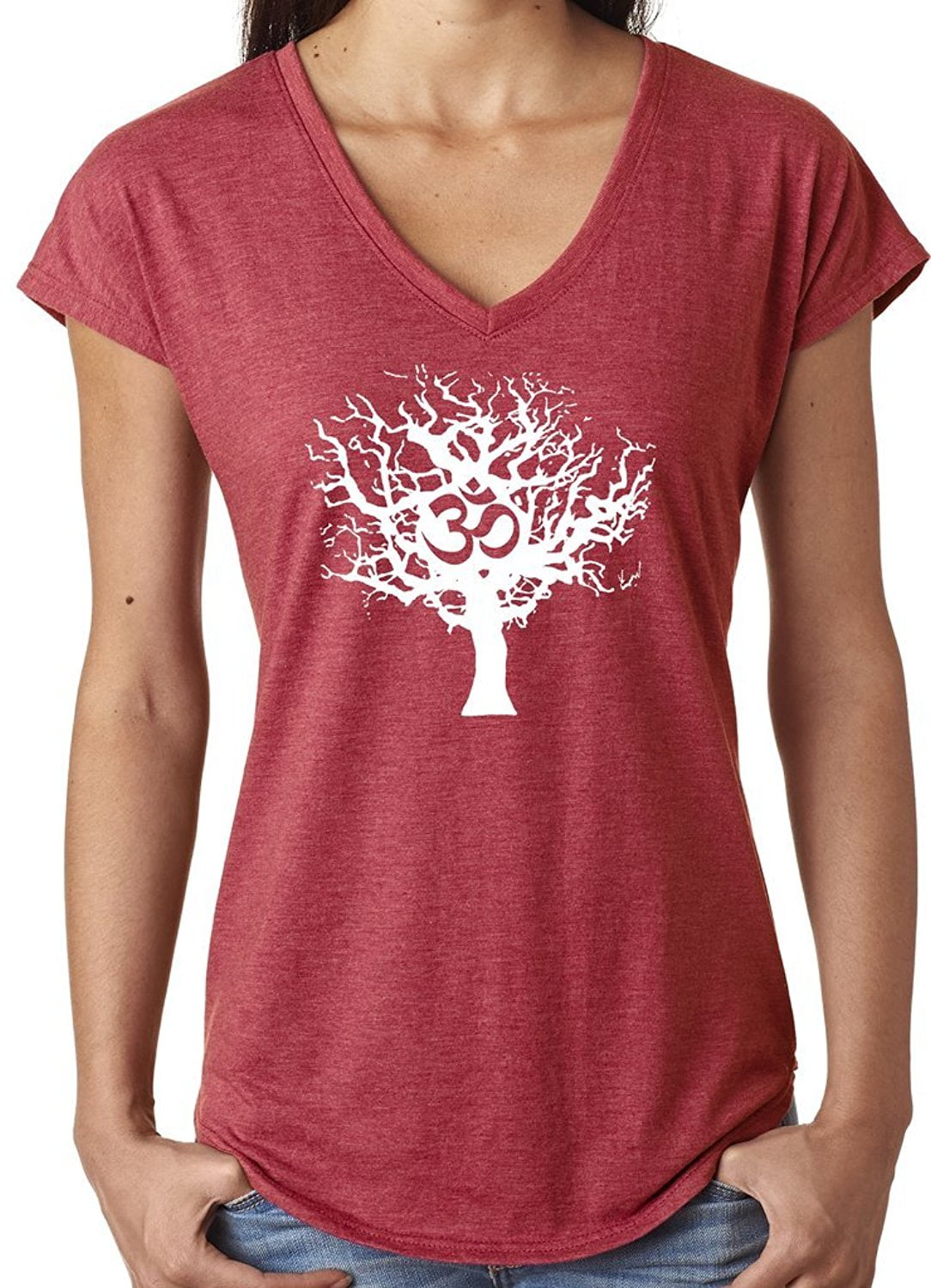 Ladies White Tree of Life Vneck Yoga Tee Shirt Heather Red, Small