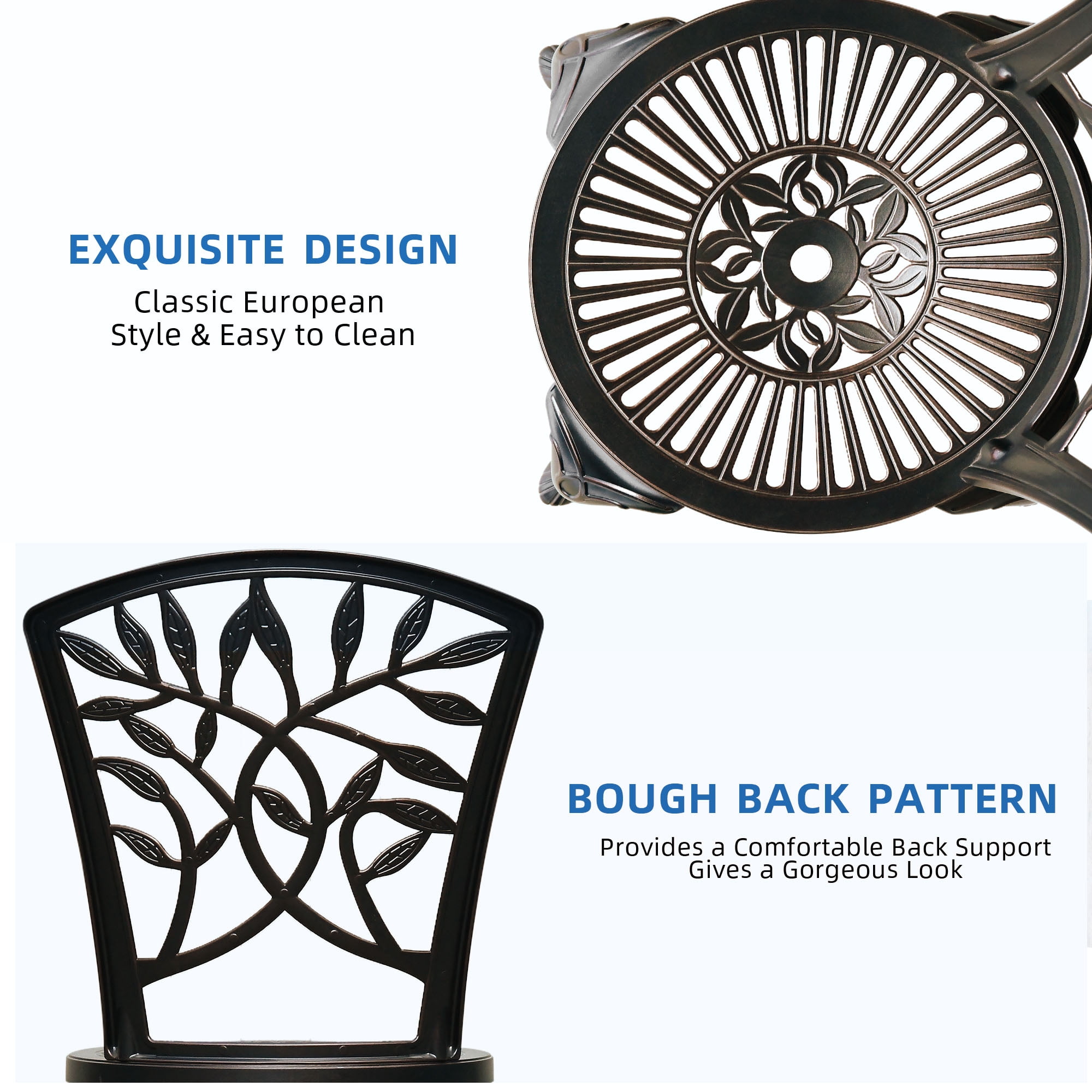 Dextrus Set of 2 Outdoor Cast Aluminum Dining Chairs, Patio Bistro Chairs with Adjustable Feet for Garden, Backyard, Balcony, Black