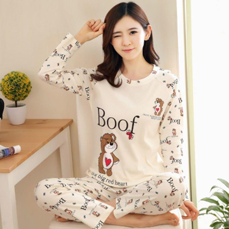 Women's Pajama Sets Cartoon Print Long Sleeves Autumn Winter Sweet Loose  Sleepwear 