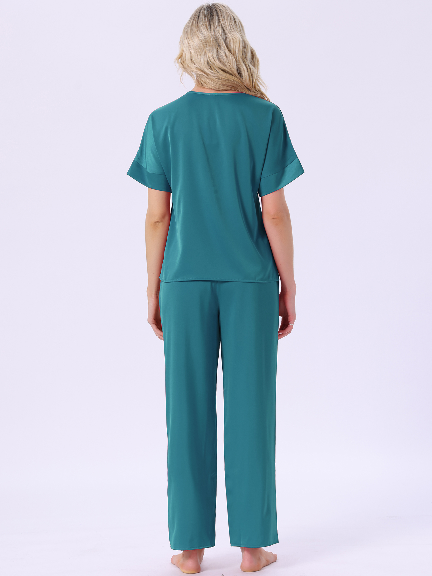 DARING DIVA Satin Pajamas Silky Short Sleeve V Neck Shirt Long Pant Set S Peacock Green